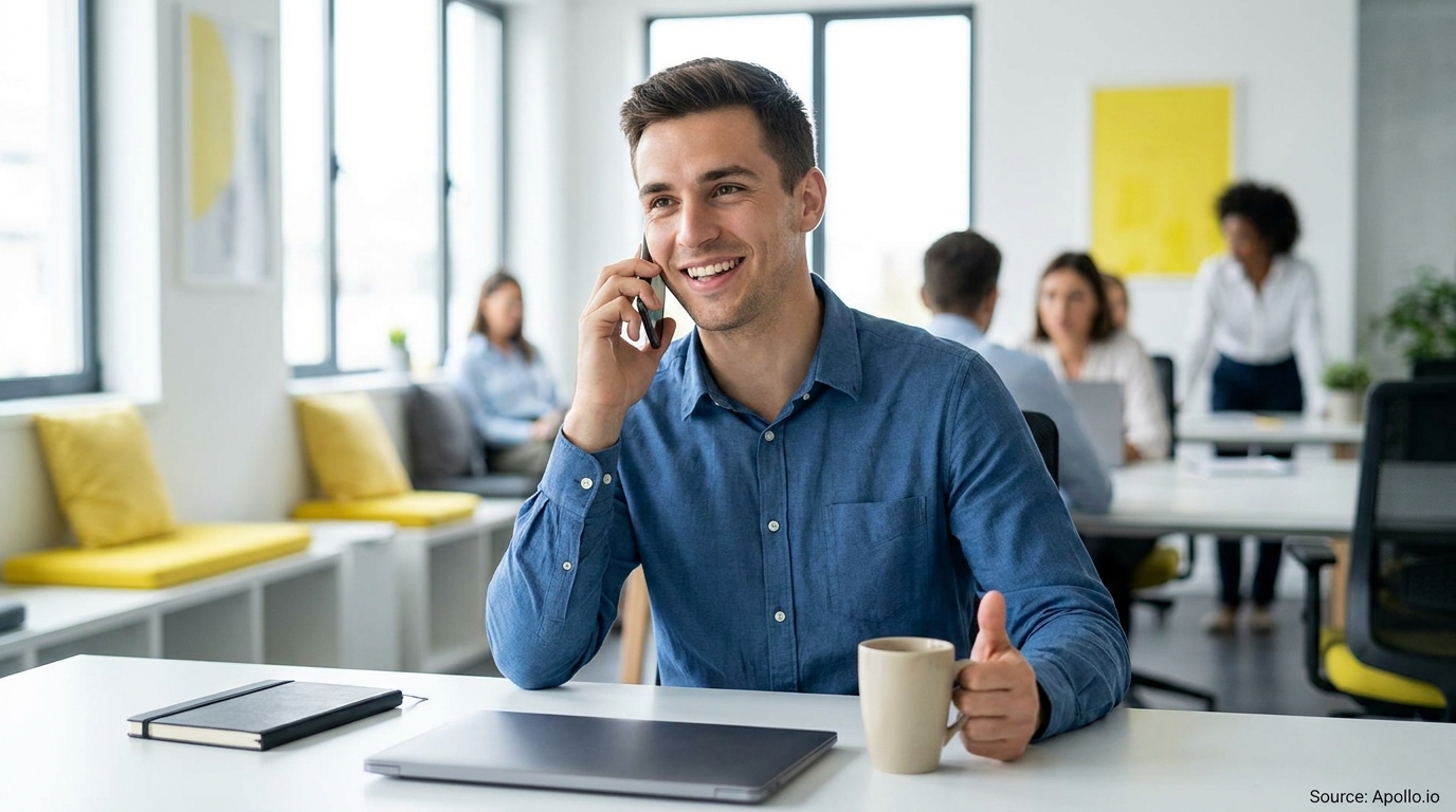 A smiling man talks on the phone at a modern office desk with colleagues in the background.
