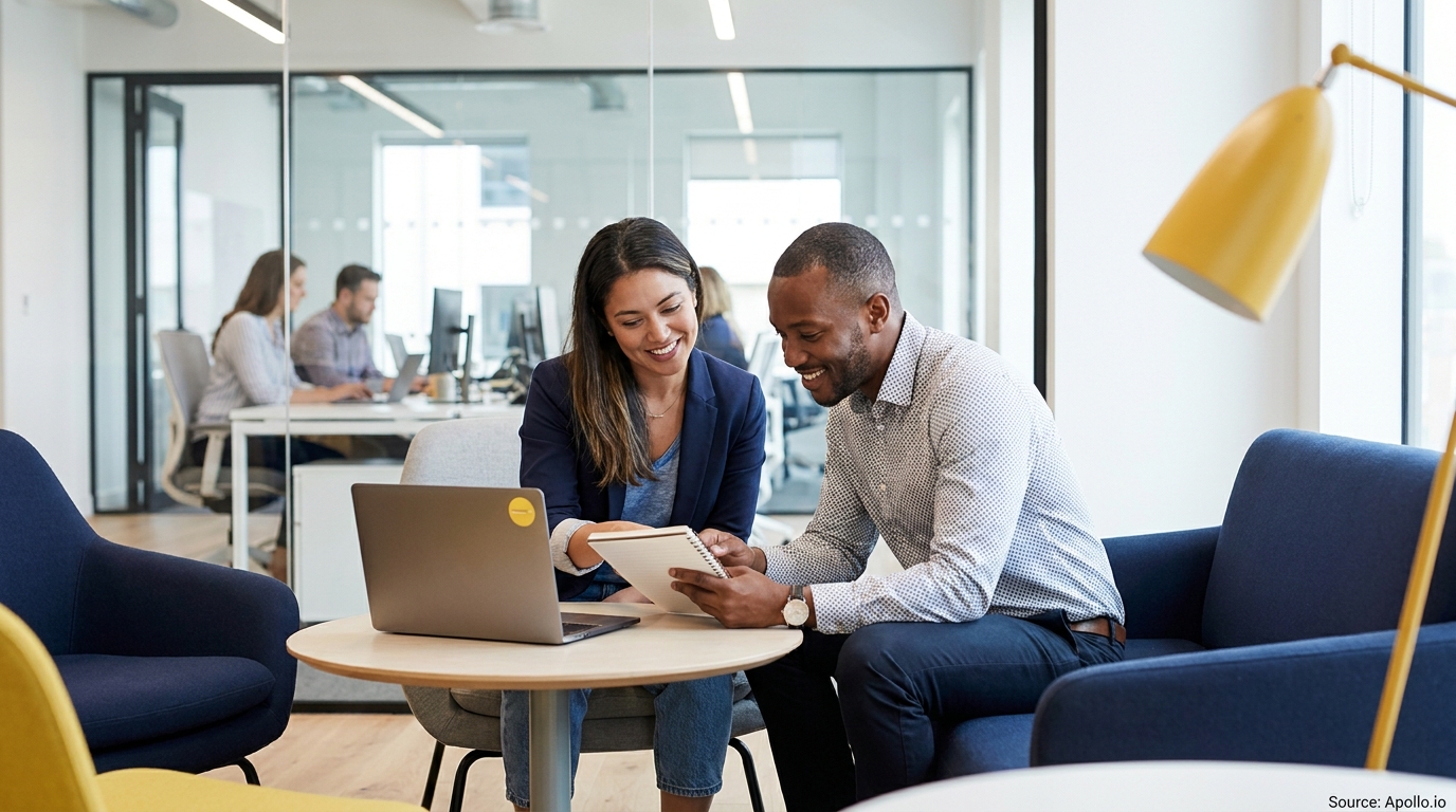 Smiling colleagues review a notebook and laptop in a bright, modern office.