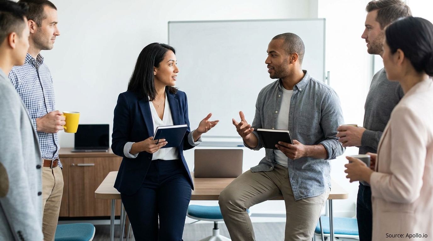 Six diverse professionals discussing in a modern office, some holding notebooks and cups.