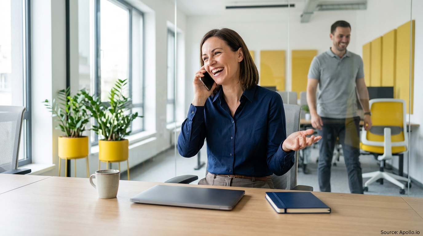 A woman laughs while talking on her phone at an office desk, with a man smiling in the background.