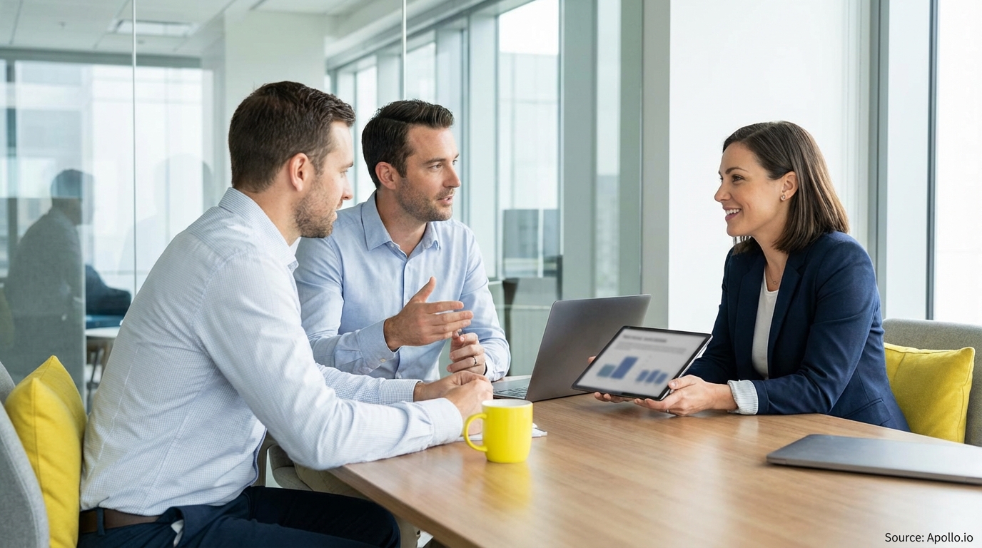 Three business professionals in a modern office meeting, one presenting data on a tablet.