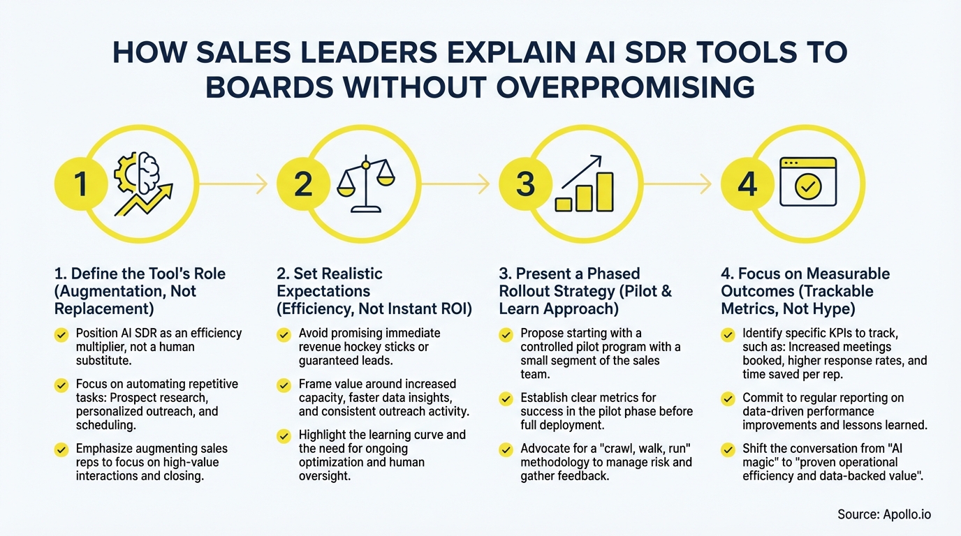 A four-step horizontal flowchart explains how sales leaders can present AI SDR tools to boards.
