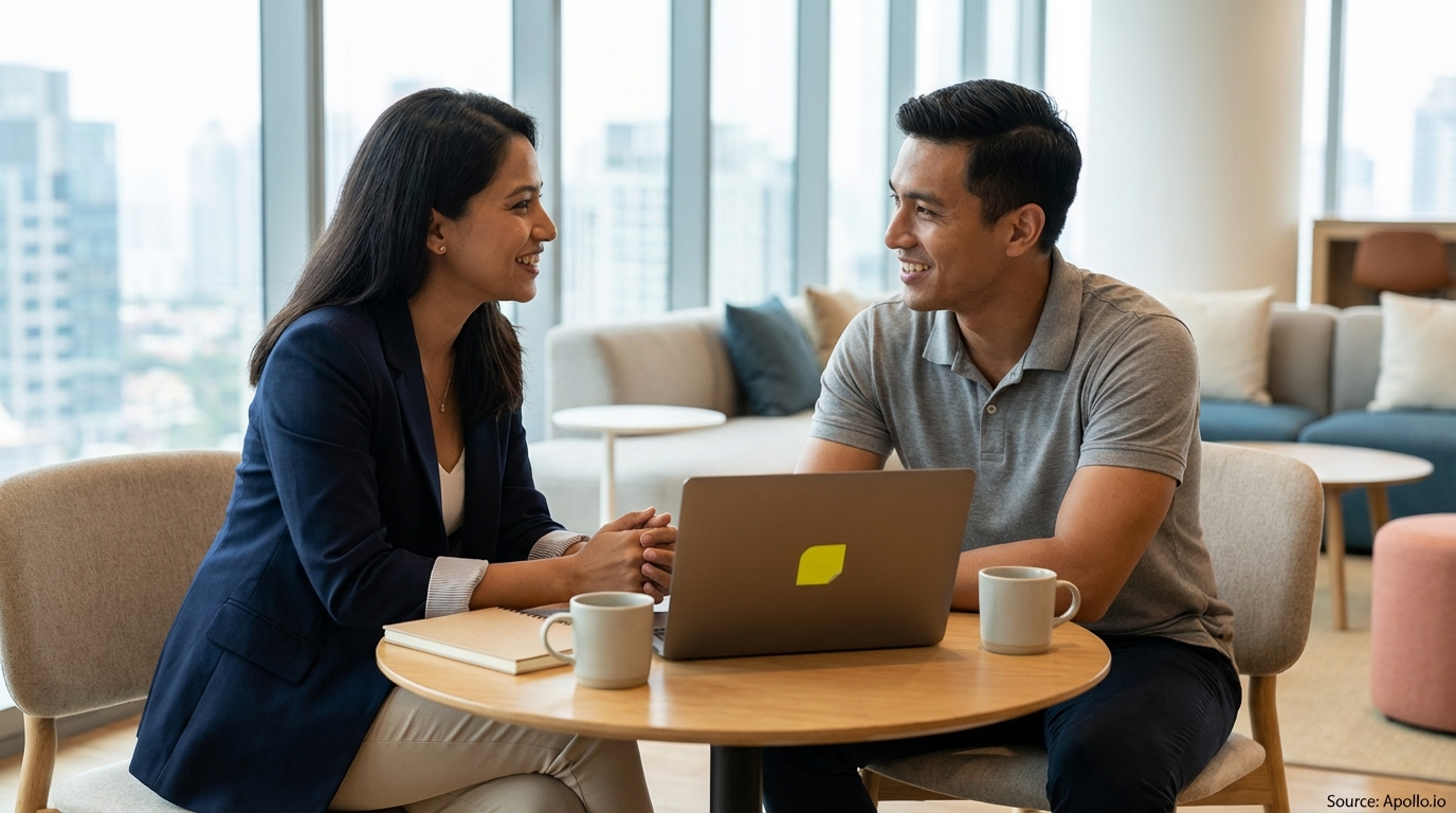 Two smiling professionals discuss at a table with a laptop in a modern office.