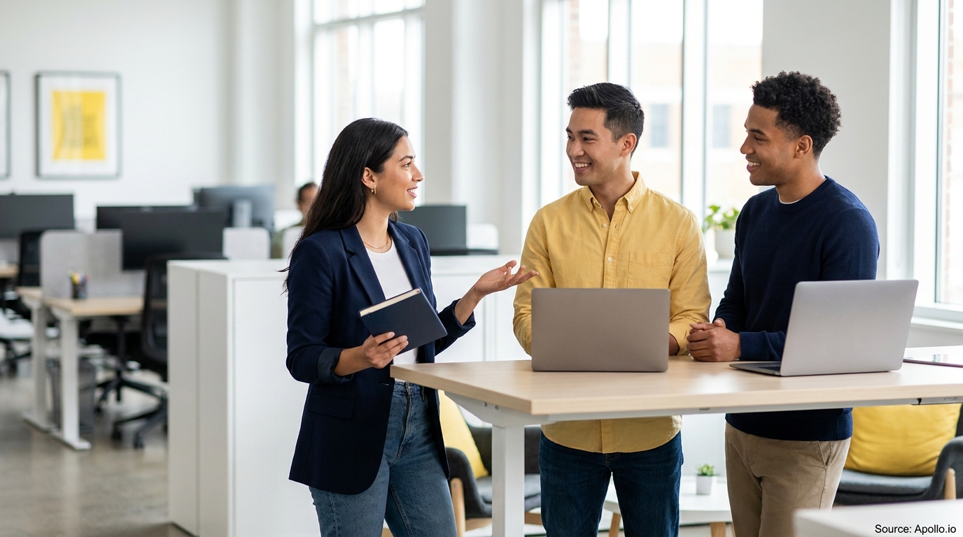 Three colleagues discuss work at a standing desk with laptops in a bright office.