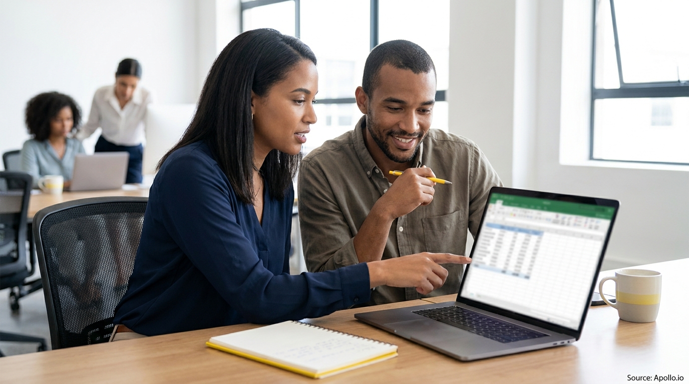 Two professionals collaboratively review data on a laptop in a modern, brightly lit office space.