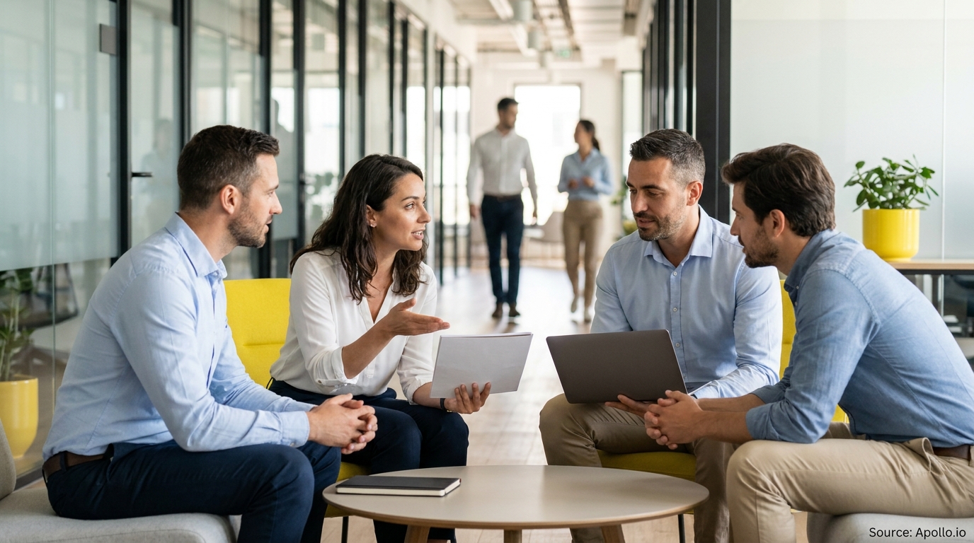 Four businesspeople discuss a laptop and document in a modern office lounge.
