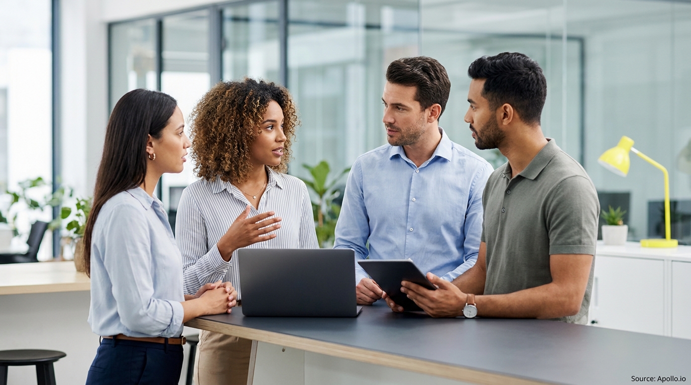 Four professionals discuss work around a laptop and tablet in a modern office.