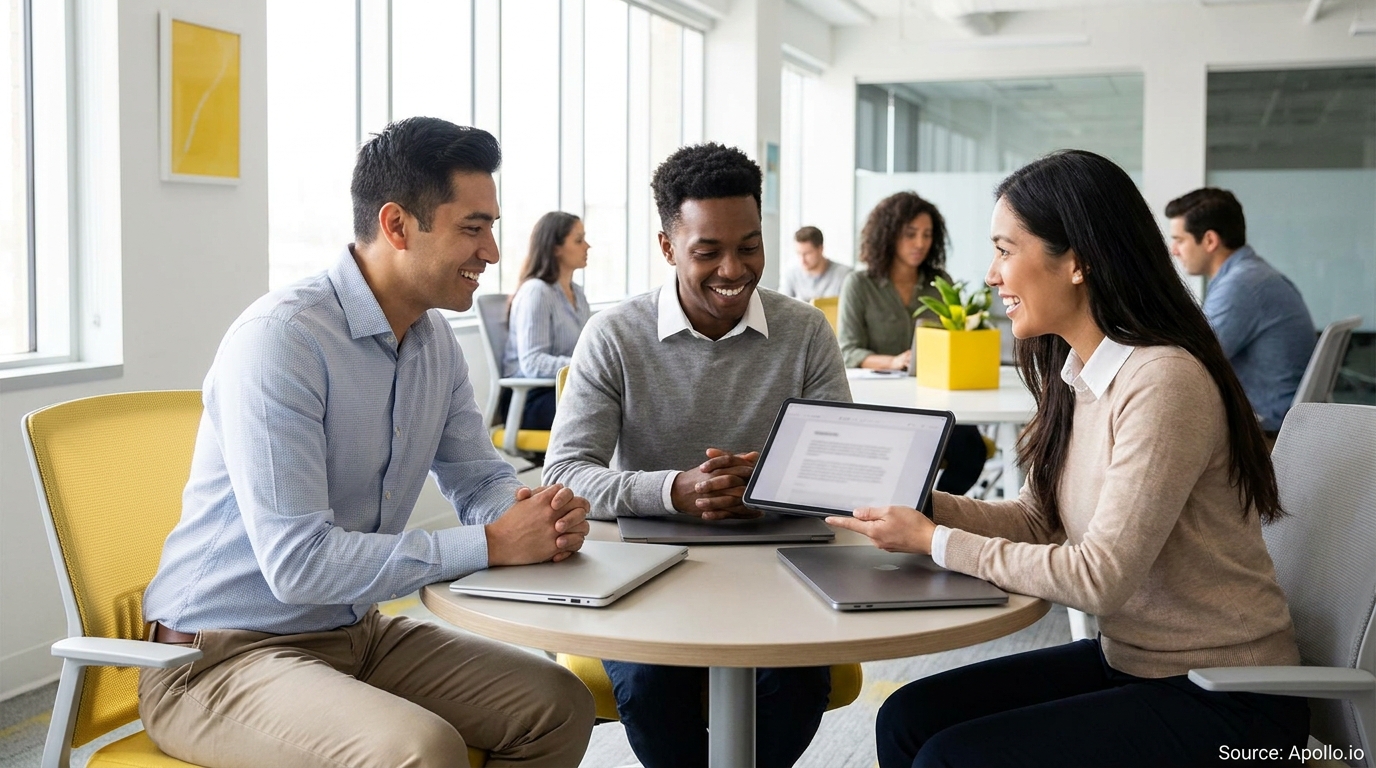 Three colleagues collaborate, viewing a tablet at a table in a modern office.