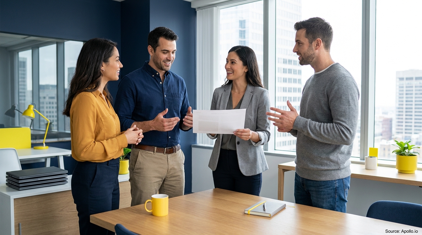 Four professionals discuss a document in a modern office with large windows.