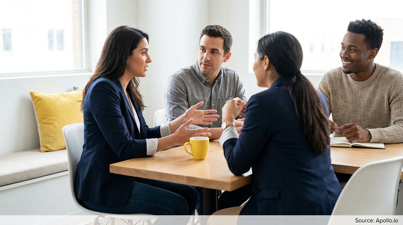 Four colleagues gather around a wooden table, engaged in conversation in a bright office.