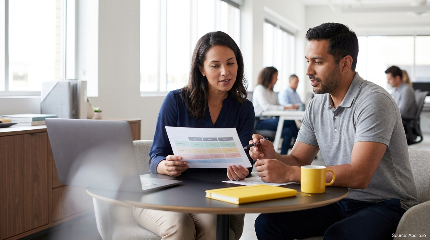 Two professionals review a colorful chart at a table in a bright office.