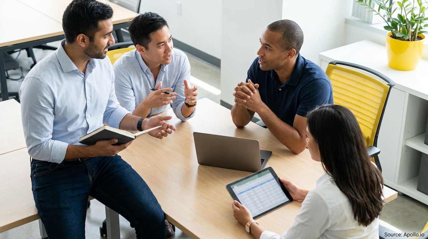 Four colleagues collaborate at a modern office table with a laptop and tablet.