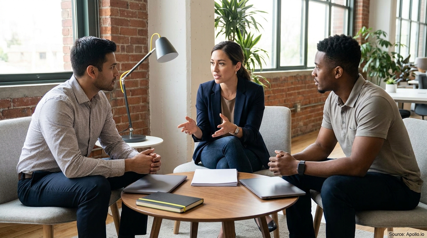 A woman presents to two men at a modern office discussion table.