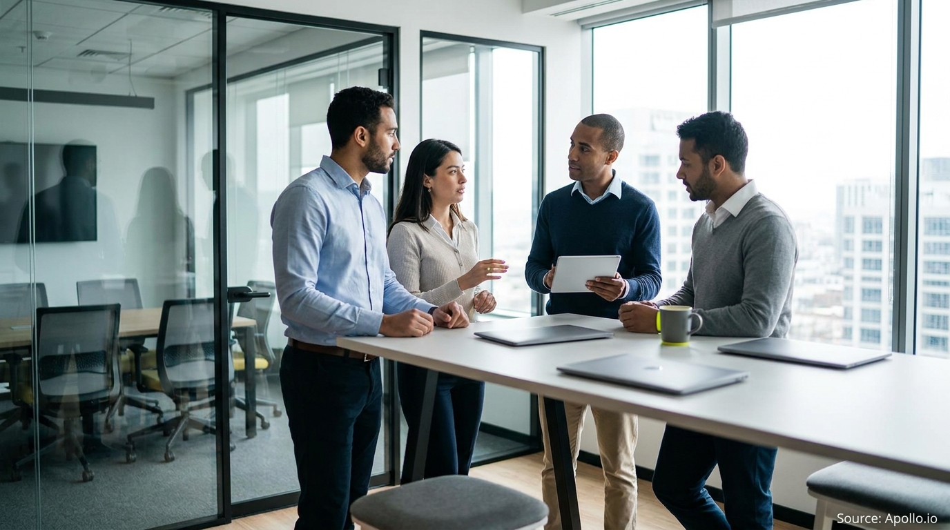 Four professionals standing and discussing in a modern office with laptops and a tablet.