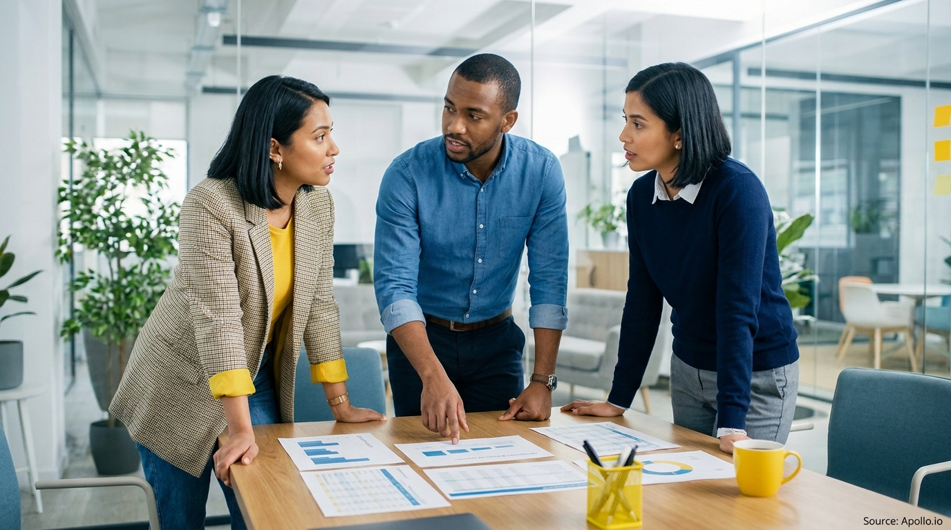Three professionals examine charts on a table, discussing work in a bright, modern office.