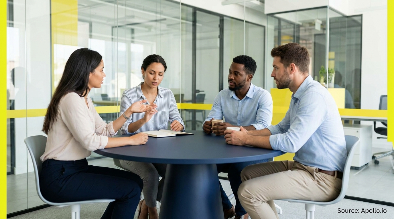 Four professionals discuss at a round table in a modern, glass-walled office.