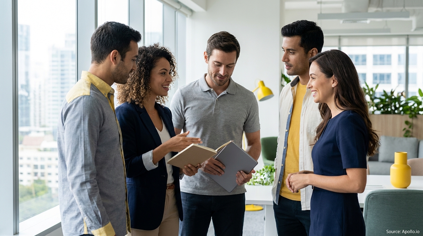 Five diverse professionals discuss documents in a bright, modern office with large windows.