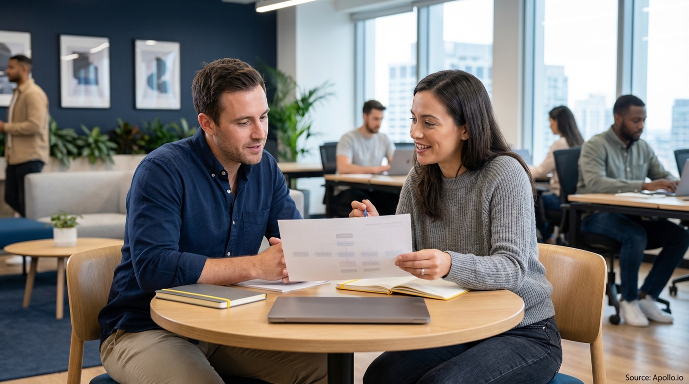 Two colleagues discuss a document at a table in a bright, modern office with others working.