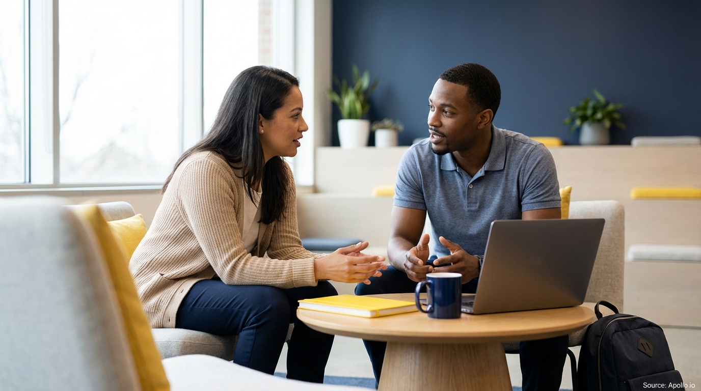 Two colleagues discuss work at a modern office table with a laptop.