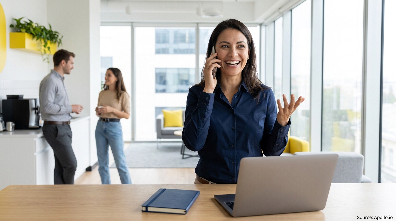 A smiling woman talks on the phone while two colleagues chat in a modern office.