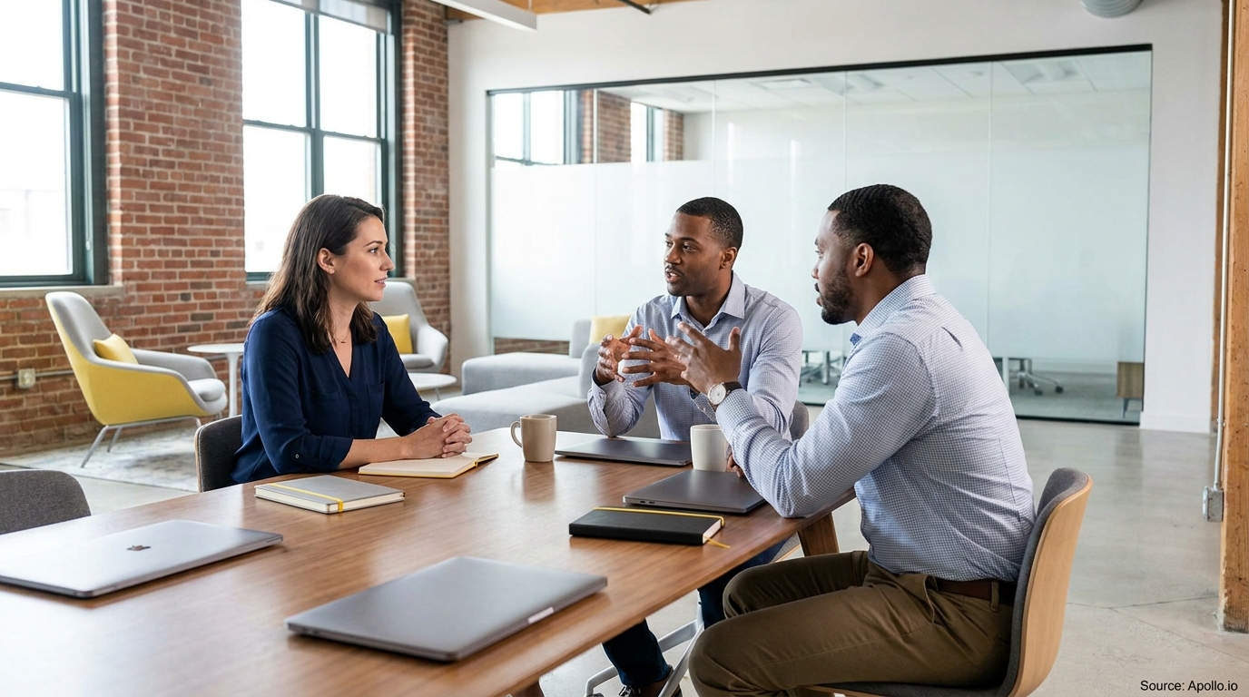 Three professionals discuss strategy around a table in a modern office.