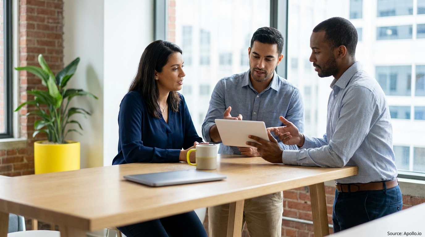 Three diverse professionals discuss a tablet at a modern office table with city views.