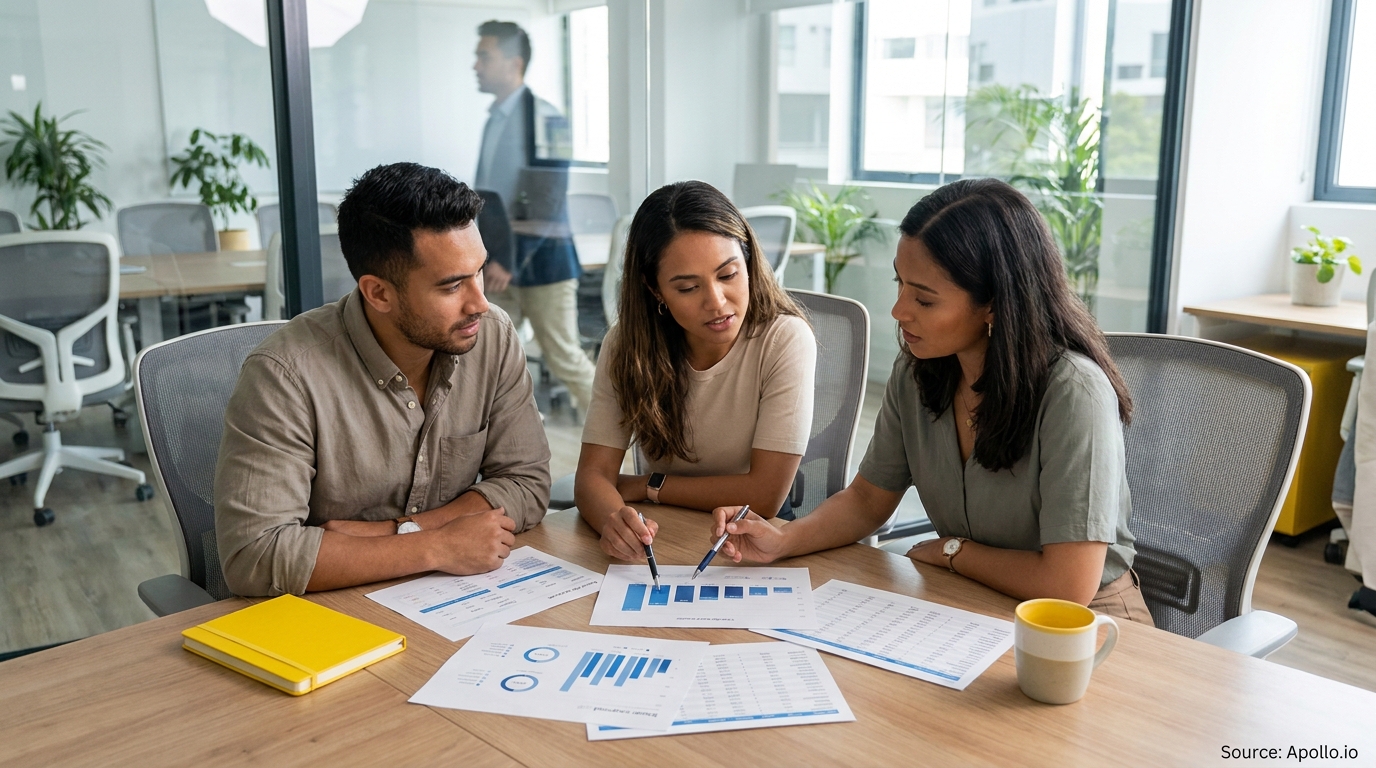 Three colleagues review charts and documents on a modern office table.