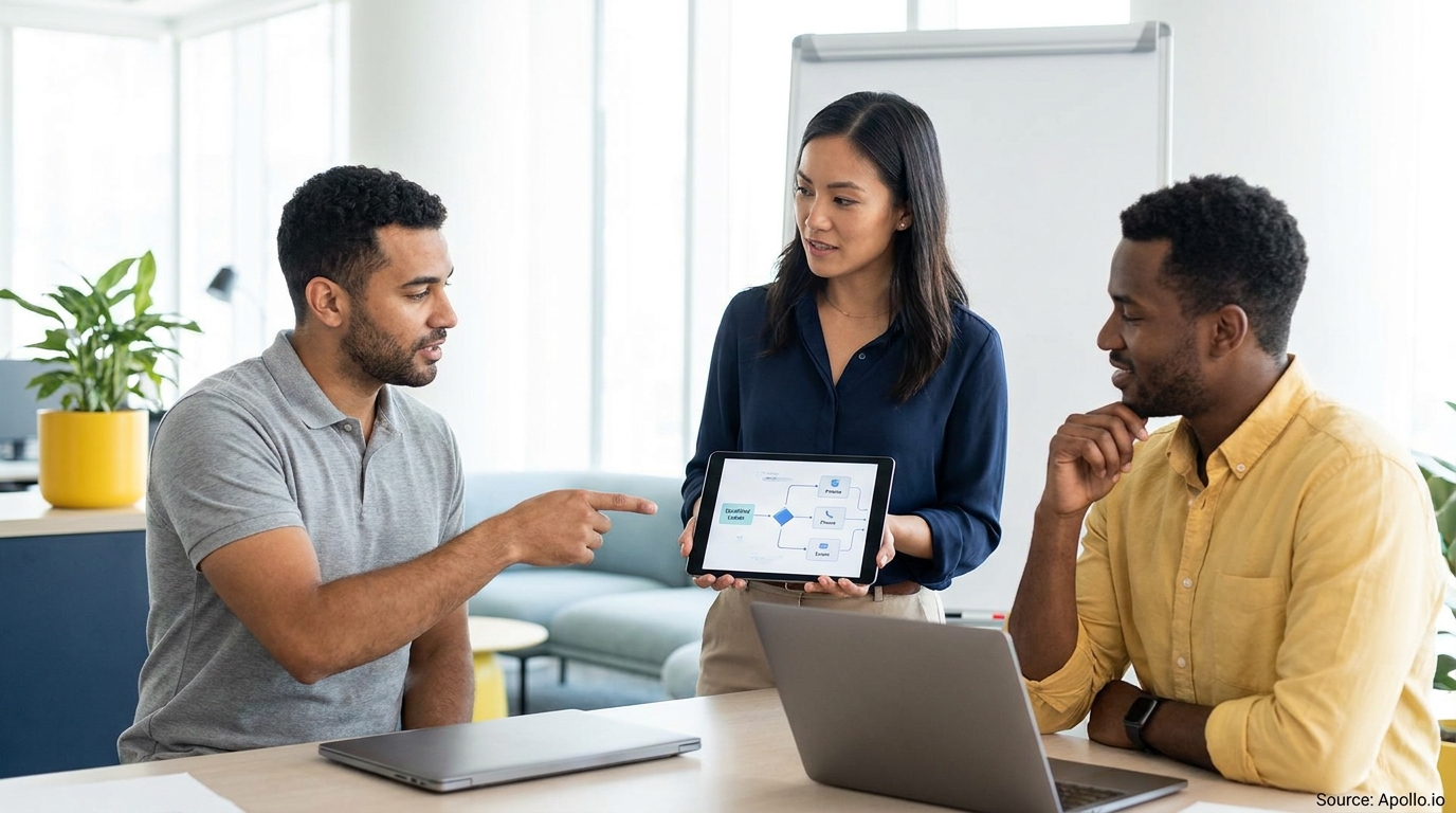 Three colleagues review a digital flowchart on a tablet in a bright office setting.