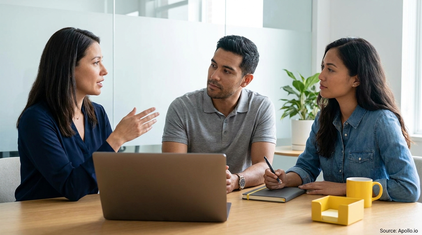 Three colleagues in a modern office, one speaking, two listening and taking notes.