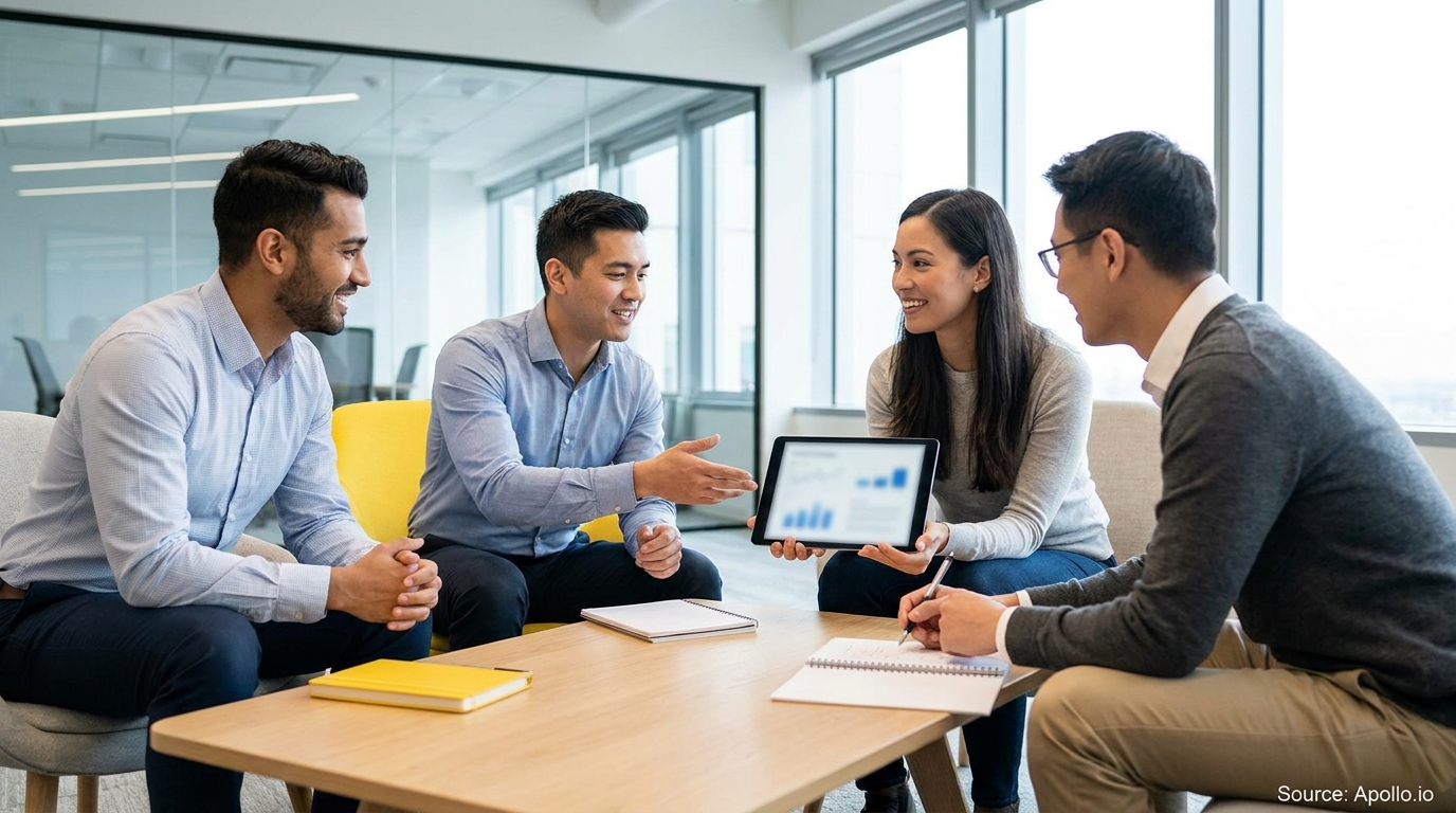 Four colleagues discuss charts on a tablet at a table in a modern office.