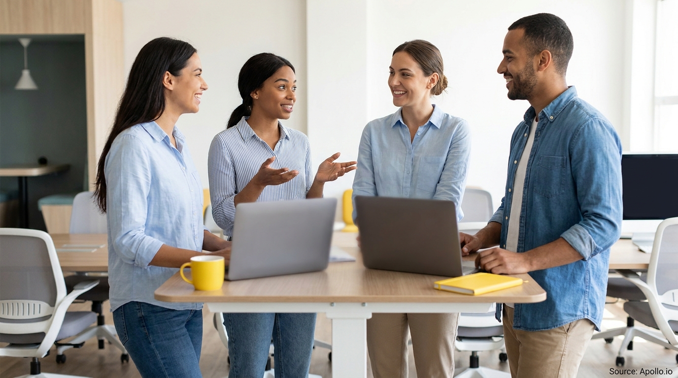 Four diverse colleagues collaborate around two laptops in a modern office.