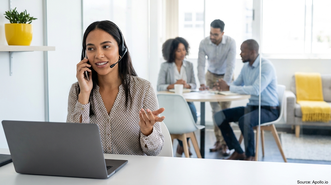 A woman on a headset uses a laptop while three colleagues collaborate in a modern office.