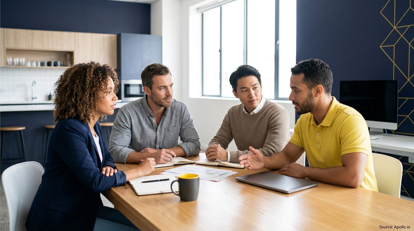 Four colleagues collaborate at a wooden table in a modern office setting.