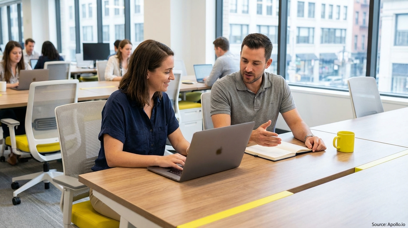 Two colleagues discuss work at a modern office desk with laptops, others in the background.