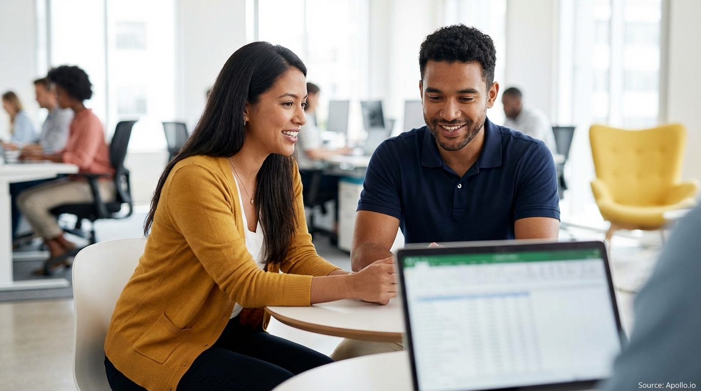 Two colleagues smiling and collaborating over a laptop in an open-plan office.