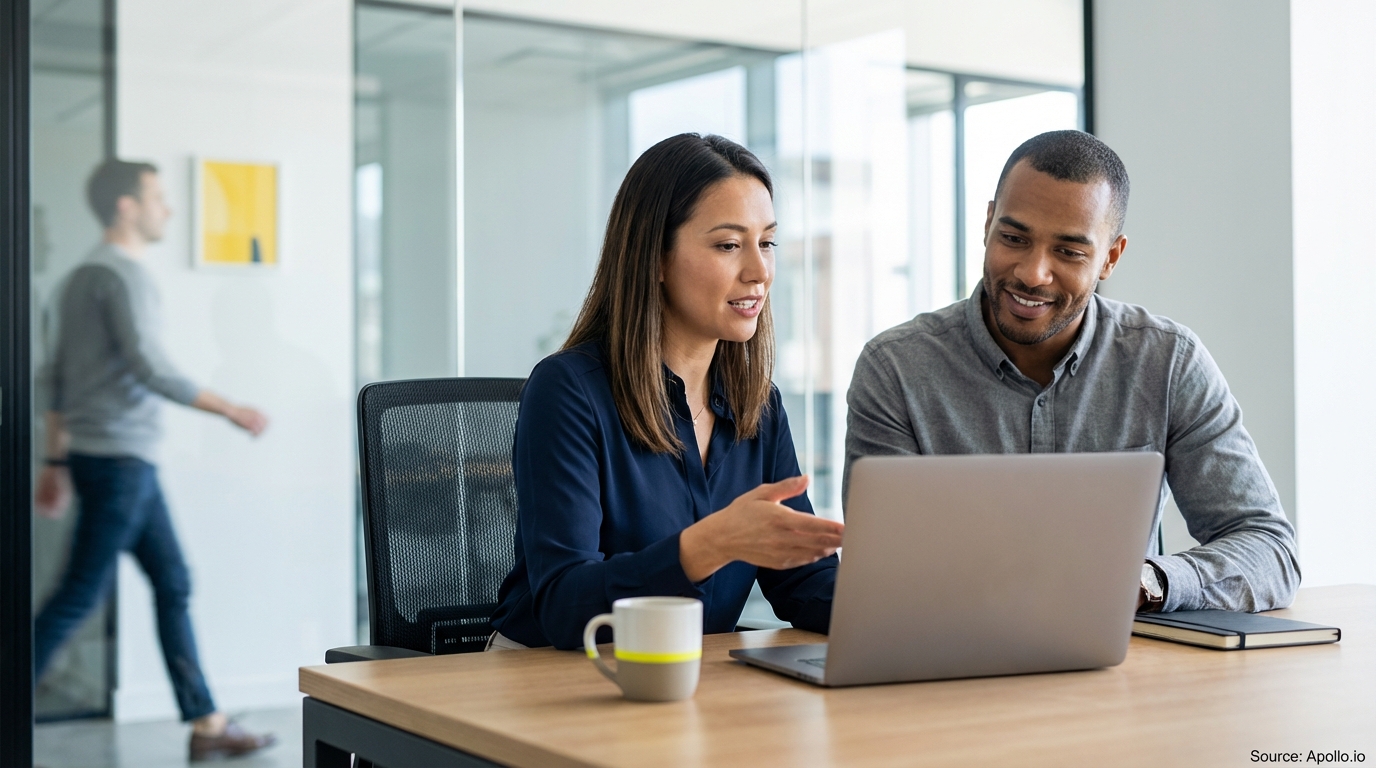 Two colleagues collaborate on a laptop at a bright office desk, with a third person walking past.