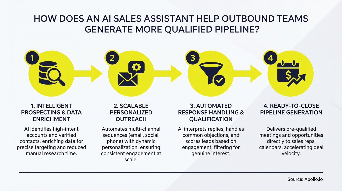 Diagram illustrates a four-step process for AI sales assistants to generate qualified pipeline.
