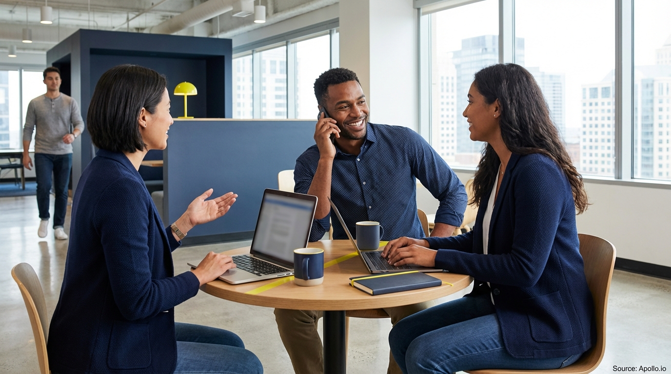 Three professionals, one on a phone call, work at laptops around a table in a modern office.