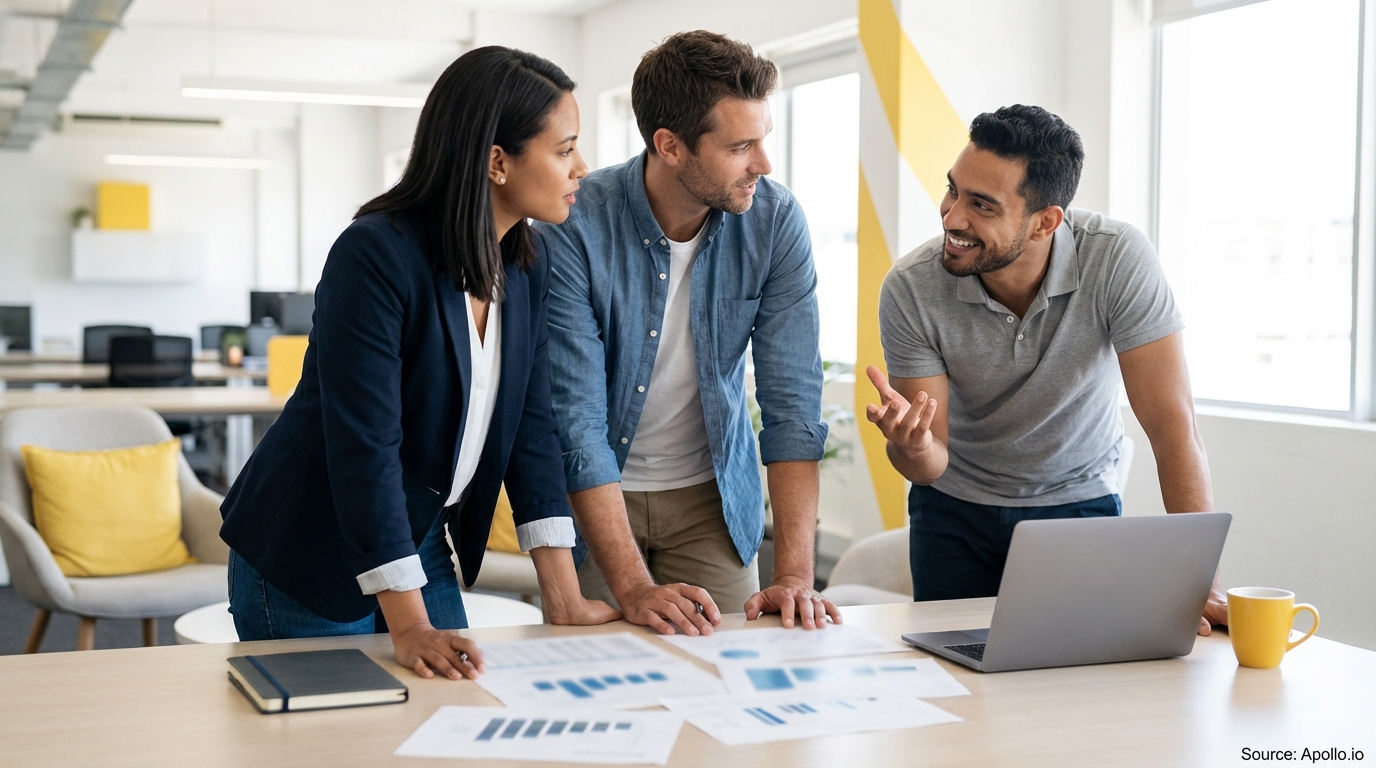 Three colleagues stand, reviewing charts and discussing work at a modern office table.