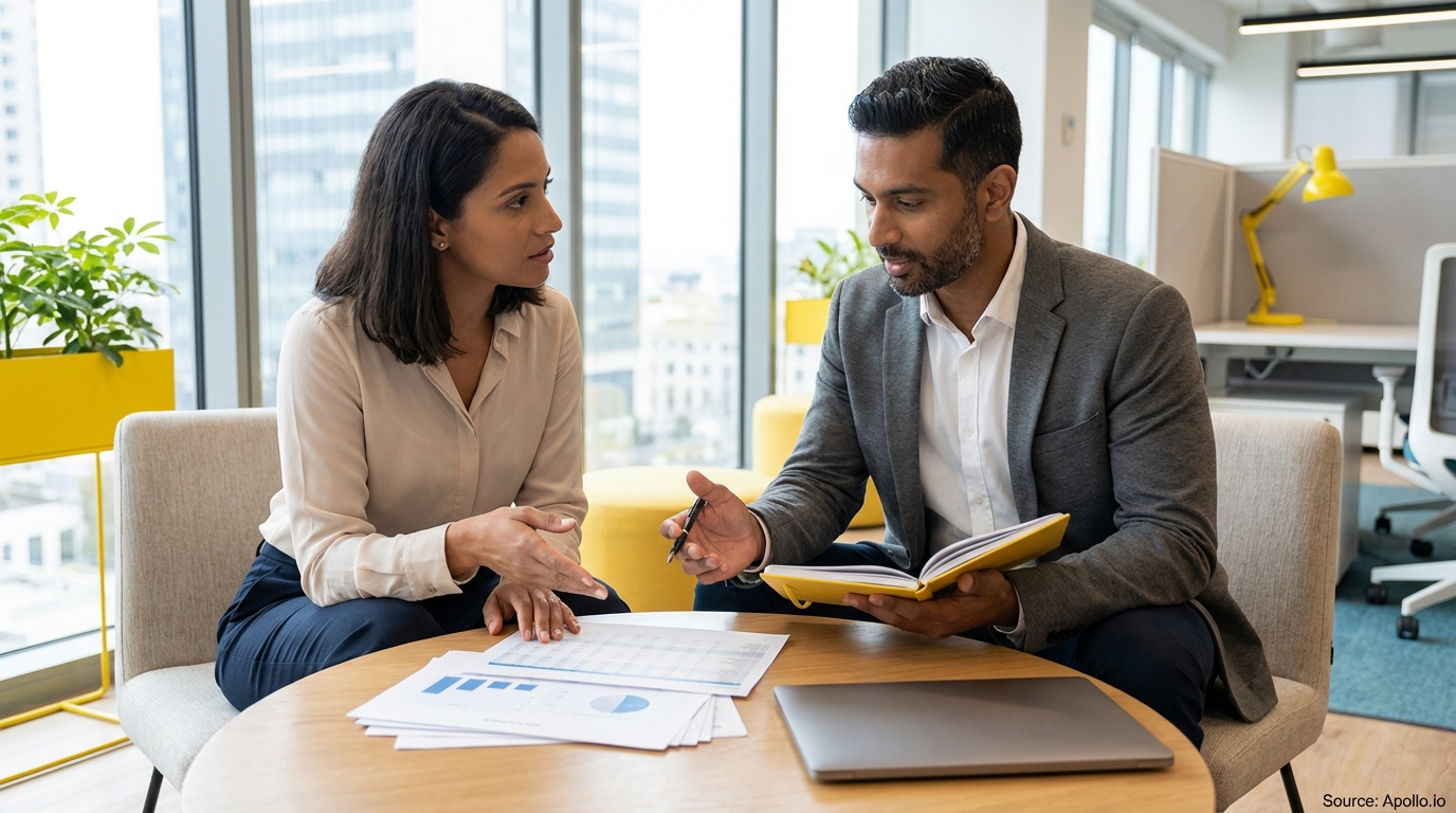 Two professionals discuss documents and a notebook at a modern office table.