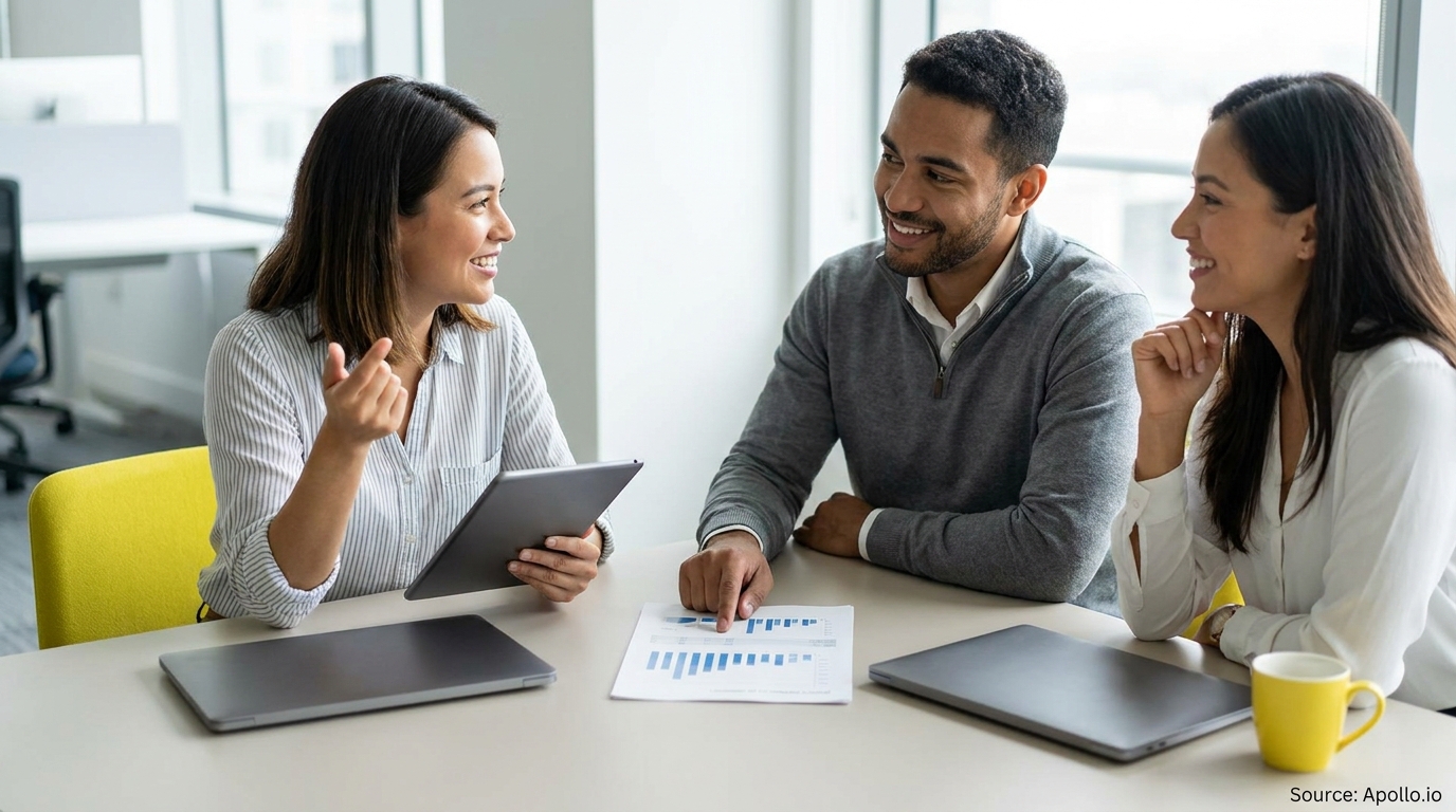 Three people in an office meeting, smiling and discussing charts on a document and tablet.