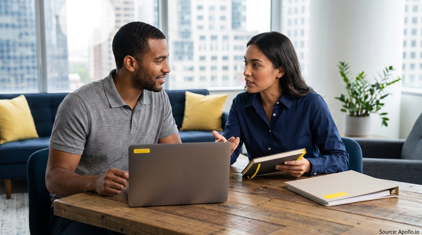 Two professionals discussing at a modern office table with a laptop and documents.