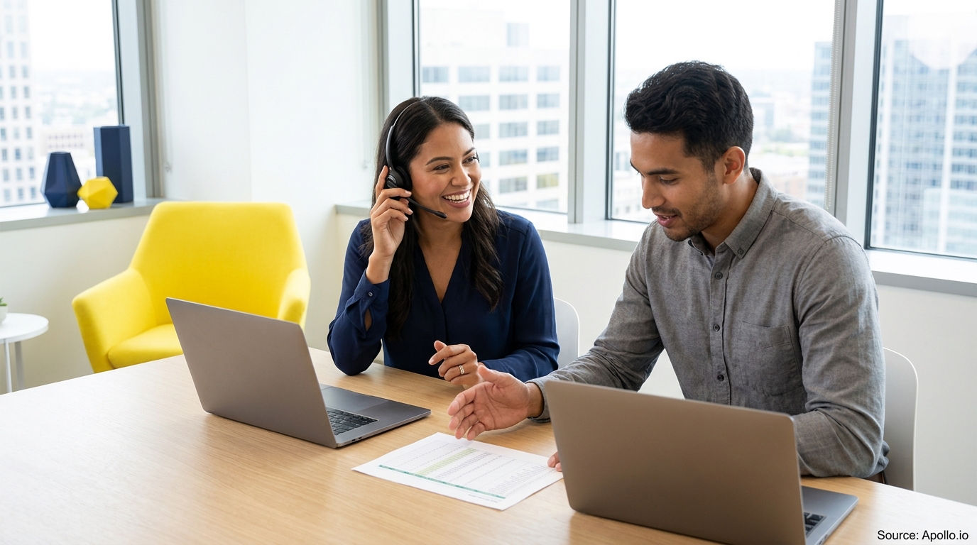 Two colleagues collaborate in a modern office, one on a headset call, the other reviewing a document.