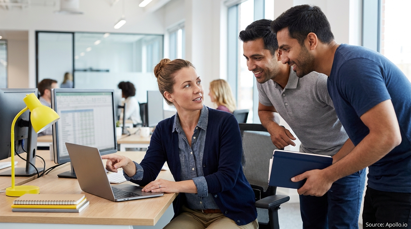 Three professionals discuss a laptop screen in a modern office.
