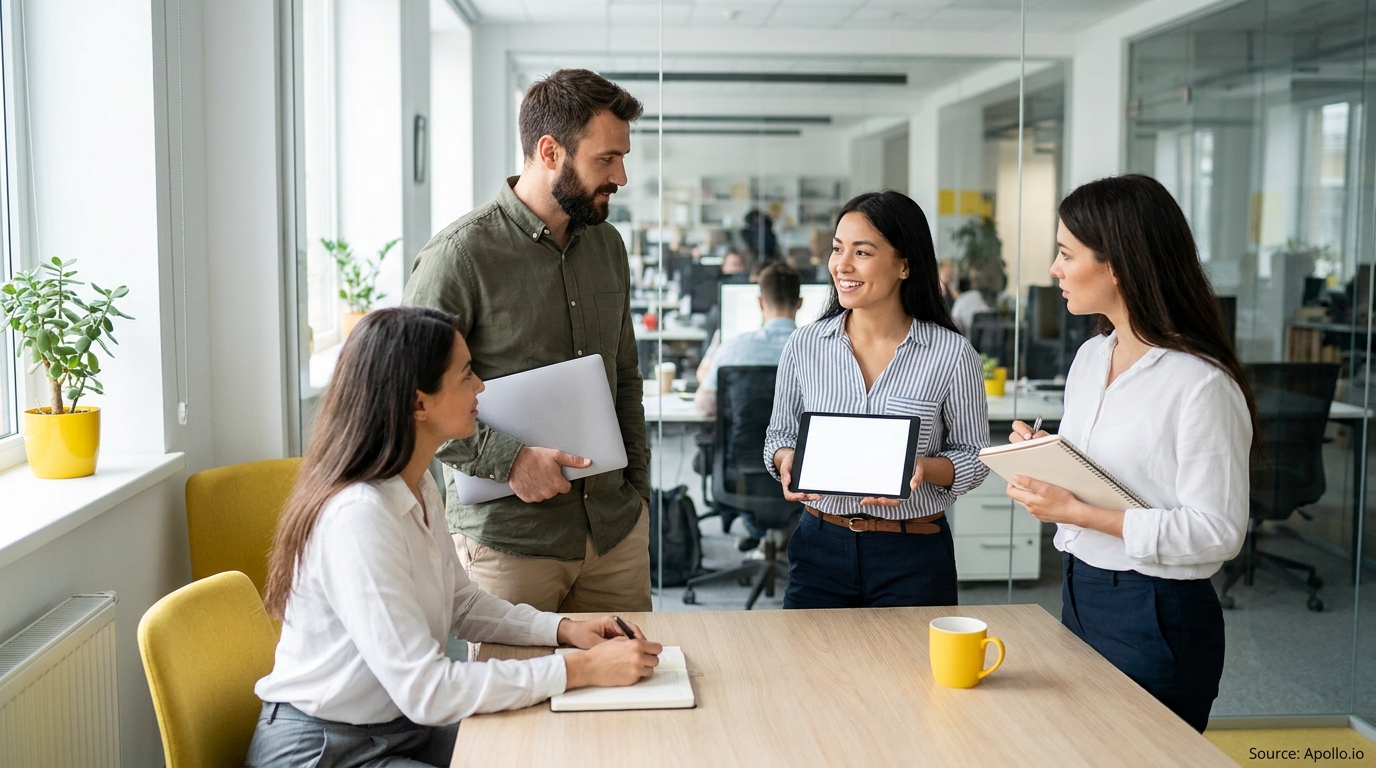Four professionals collaborate at a modern office table with a tablet and notebook.