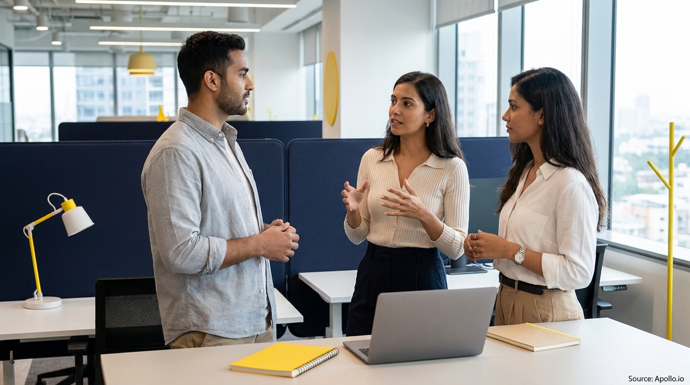 Three professionals discuss work, one gesturing, in a bright modern office.