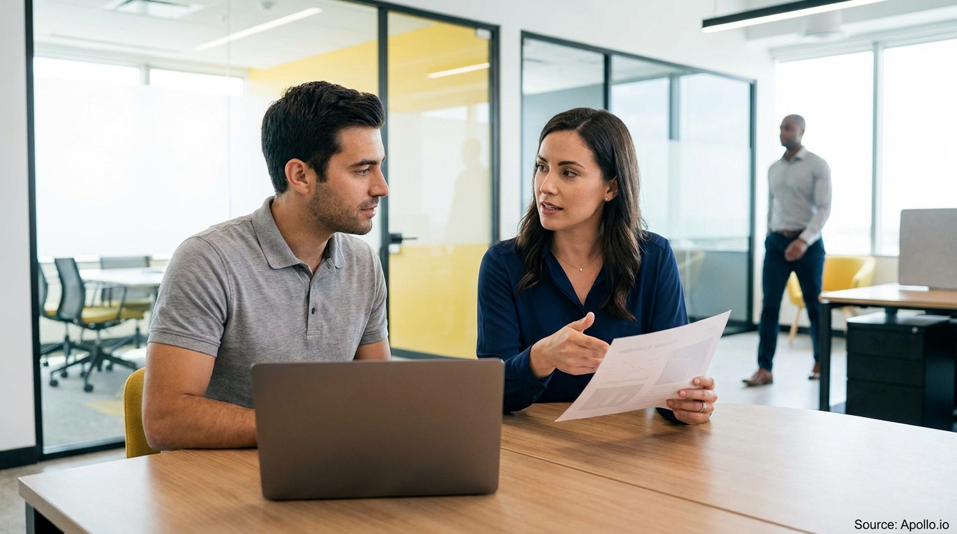 Two professionals discuss papers at a modern office table with a laptop, a third person walks in the background.