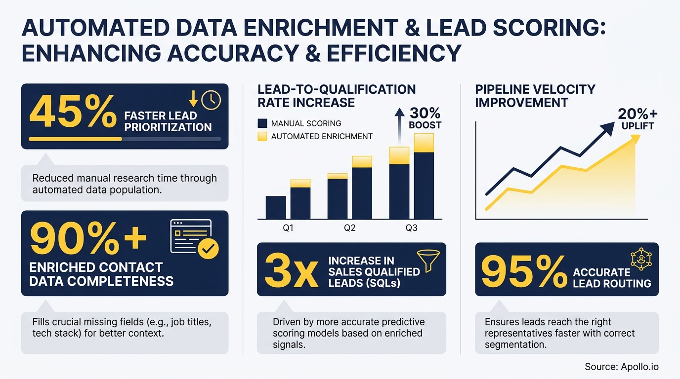 Infographic showing statistics and graphs on the benefits of automated data enrichment for lead scoring.