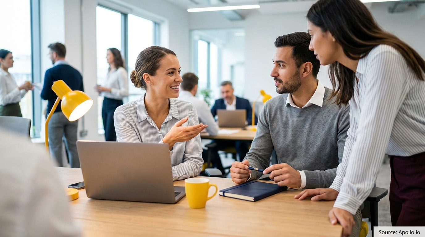Several professionals collaborate in a bright, modern open-plan office.
