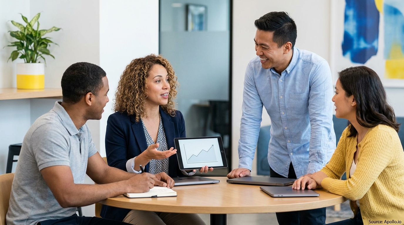 Four people discuss a rising graph on a tablet in a modern office.